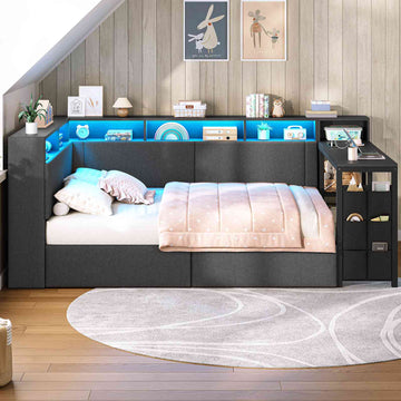 AOGLLATI Polsterbett 90x200 mit LED-Beleuchtung Ladestation & Schreibtisch Tagesbett Jugendbett mit Gepolstertem Kopfteil 2 Schubladen & 6 Staufächern