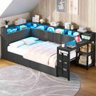 AOGLLATI Polsterbett 90x200 mit LED-Beleuchtung Ladestation & Schreibtisch Tagesbett Jugendbett mit Gepolstertem Kopfteil 2 Schubladen & 6 Staufächern
