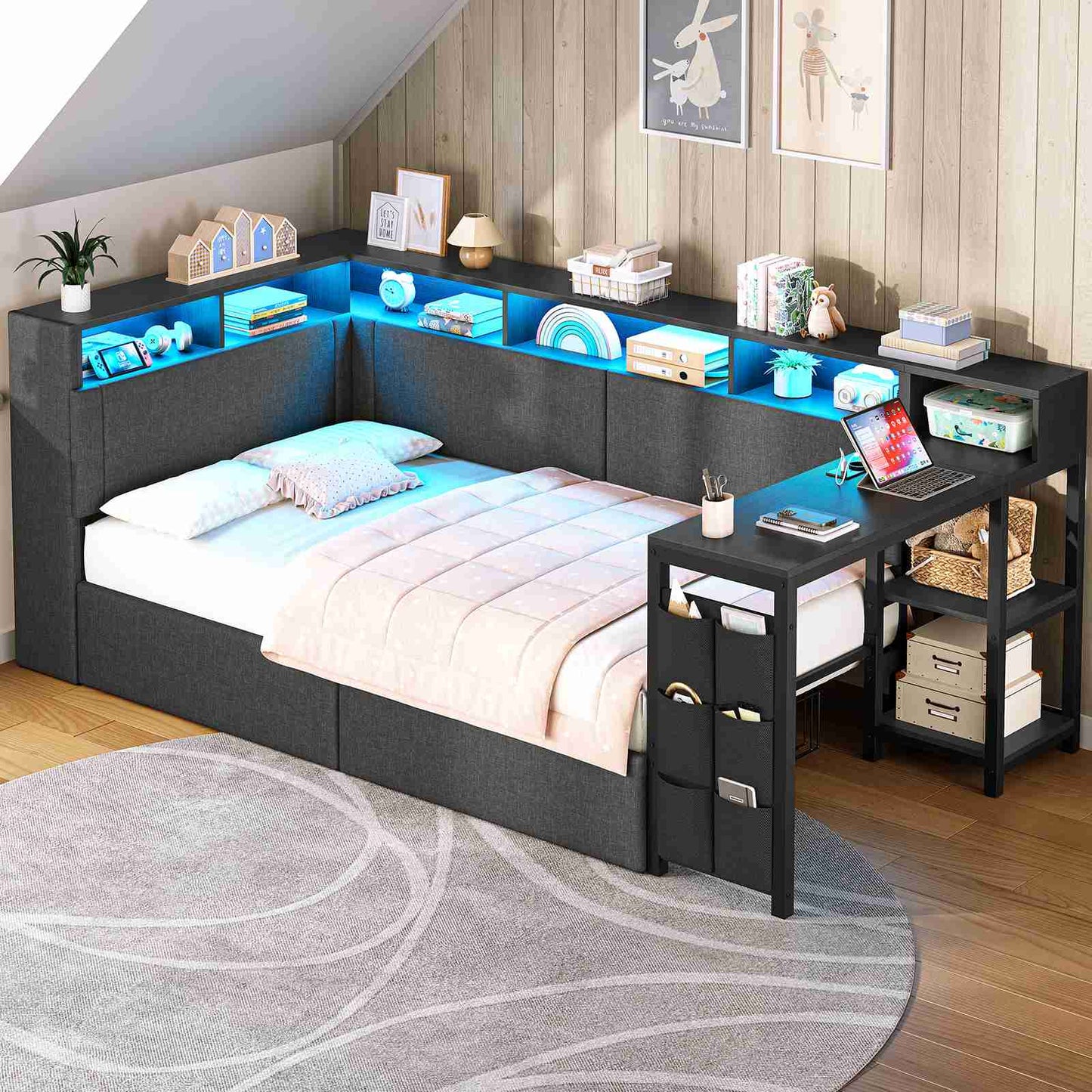AOGLLATI Polsterbett 90x200 mit LED-Beleuchtung Ladestation & Schreibtisch Tagesbett Jugendbett mit Gepolstertem Kopfteil 2 Schubladen & 6 Staufächern