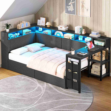 AOGLLATI Polsterbett 90x200 mit LED-Beleuchtung Ladestation & Schreibtisch Tagesbett Jugendbett mit Gepolstertem Kopfteil 2 Schubladen & 6 Staufächern