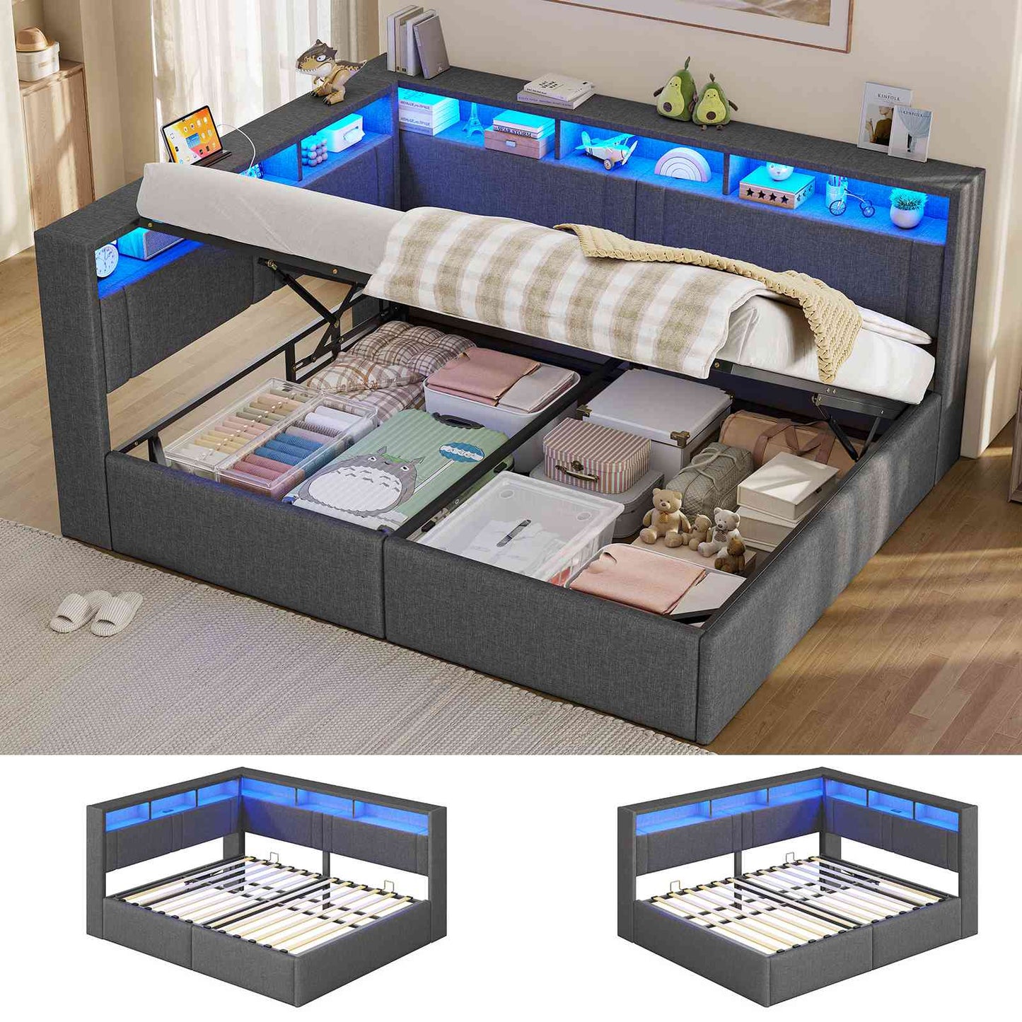 AOGLLATI Polsterbett Schlafsofa 140x200 mit Hydraulis LED-Beleuchtung & USB Doppelbett mit 6 Staufächern & Gepolstertem LED-Kopfteil