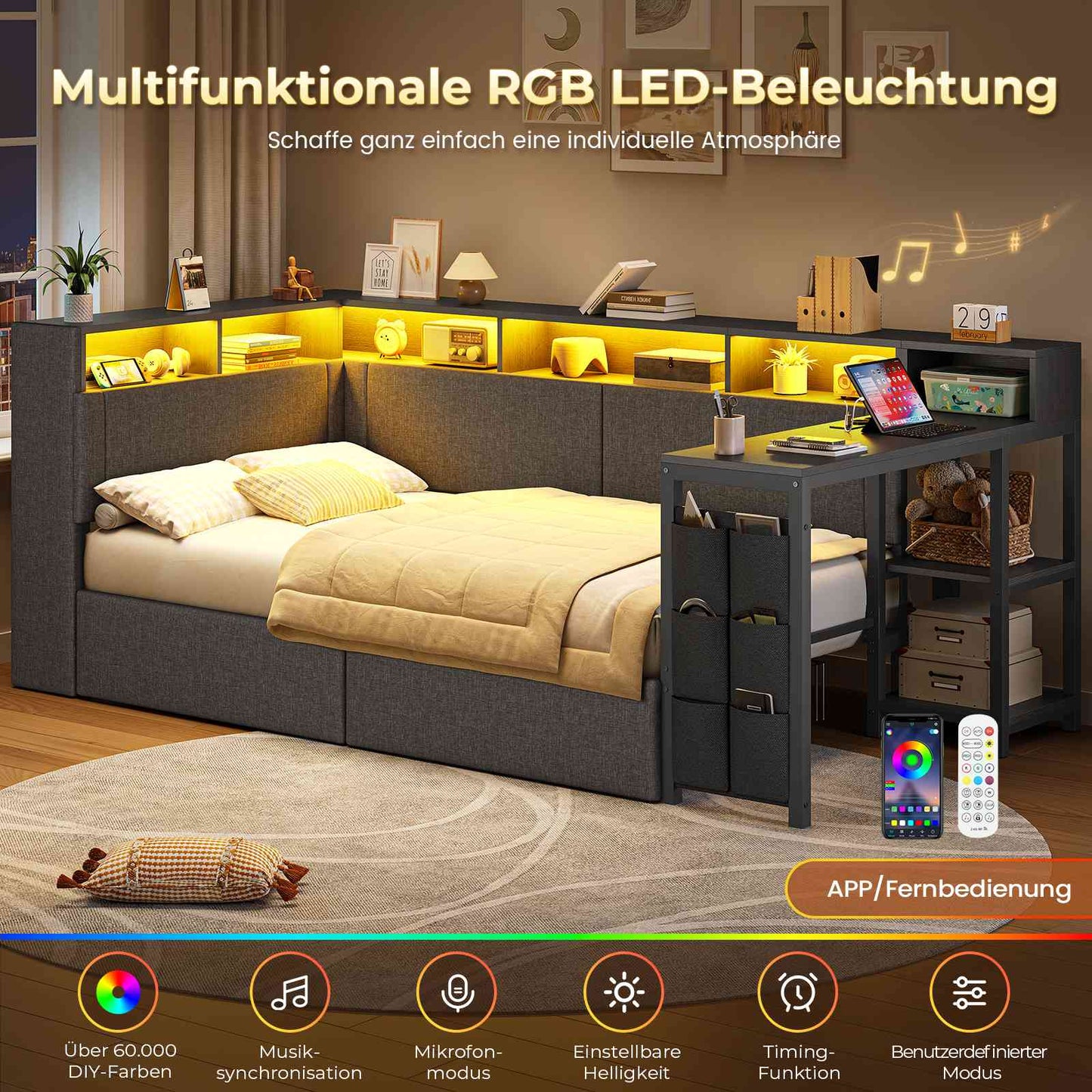 AOGLLATI Polsterbett 90x200 mit LED-Beleuchtung Ladestation & Schreibtisch Tagesbett Jugendbett mit Gepolstertem Kopfteil 2 Schubladen & 6 Staufächern
