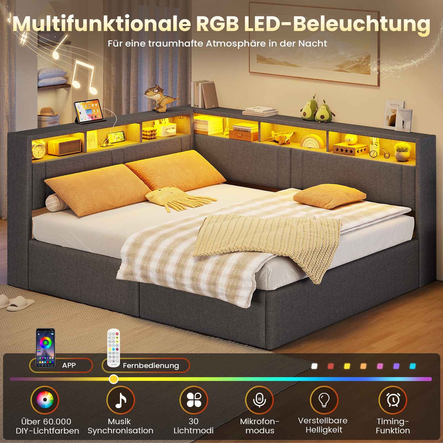 AOGLLATI Polsterbett Schlafsofa 140x200 mit Hydraulis LED-Beleuchtung & USB Doppelbett mit 6 Staufächern & Gepolstertem LED-Kopfteil
