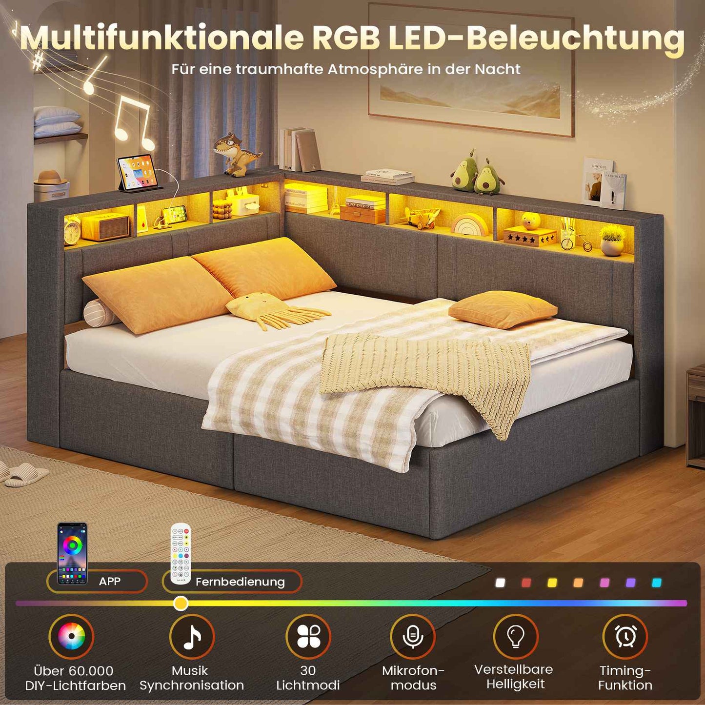 AOGLLATI Polsterbett Schlafsofa 90x200 mit Hydraulis LED-Beleuchtung & USB Kinderbett mit 5 Staufächern & Gepolstertem LED-Kopfteil