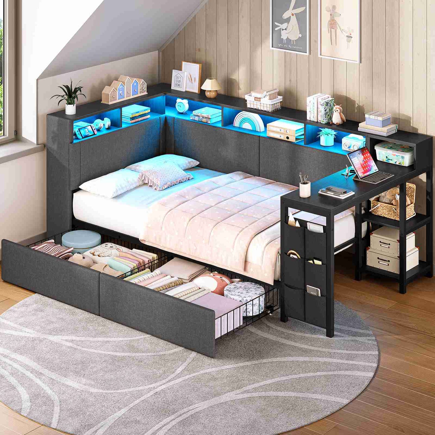 AOGLLATI Polsterbett 90x200 mit LED-Beleuchtung Ladestation & Schreibtisch Tagesbett Jugendbett mit Gepolstertem Kopfteil 2 Schubladen & 6 Staufächern