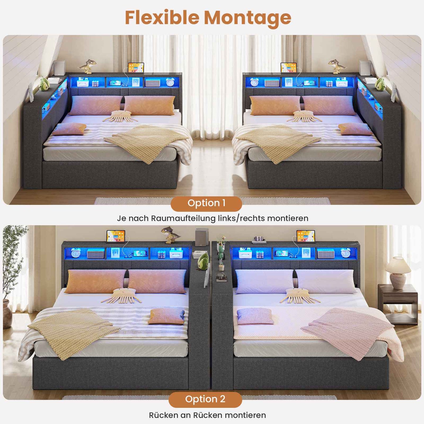 AOGLLATI Polsterbett Schlafsofa 140x200 mit Hydraulis LED-Beleuchtung & USB Doppelbett mit 6 Staufächern & Gepolstertem LED-Kopfteil