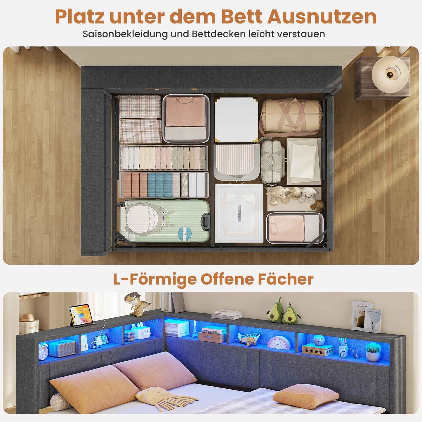 AOGLLATI Polsterbett Schlafsofa 90x200 mit Hydraulis LED-Beleuchtung & USB Kinderbett mit 5 Staufächern & Gepolstertem LED-Kopfteil