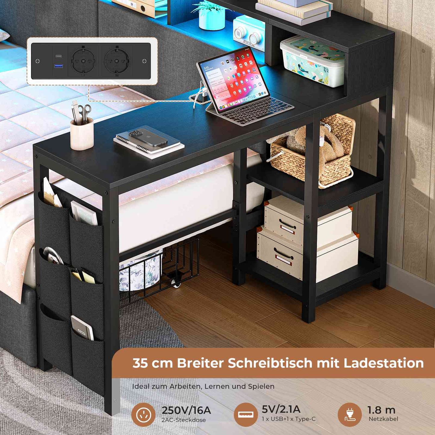 AOGLLATI Polsterbett 90x200 mit LED-Beleuchtung Ladestation & Schreibtisch Tagesbett Jugendbett mit Gepolstertem Kopfteil 2 Schubladen & 6 Staufächern