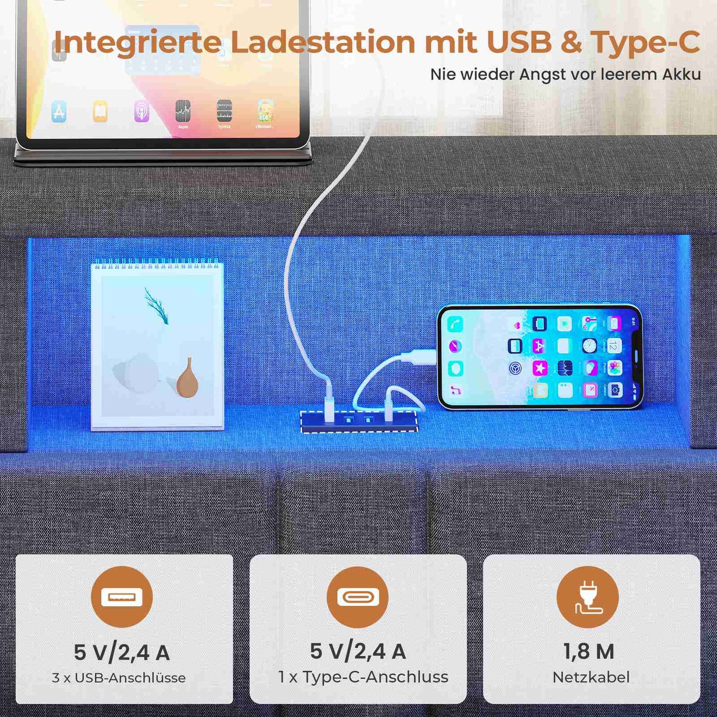AOGLLATI Polsterbett Schlafsofa 140x200 mit Hydraulis LED-Beleuchtung & USB Doppelbett mit 6 Staufächern & Gepolstertem LED-Kopfteil
