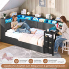 AOGLLATI Polsterbett 90x200 mit LED-Beleuchtung Ladestation & Schreibtisch Tagesbett Jugendbett mit Gepolstertem Kopfteil 2 Schubladen & 6 Staufächern