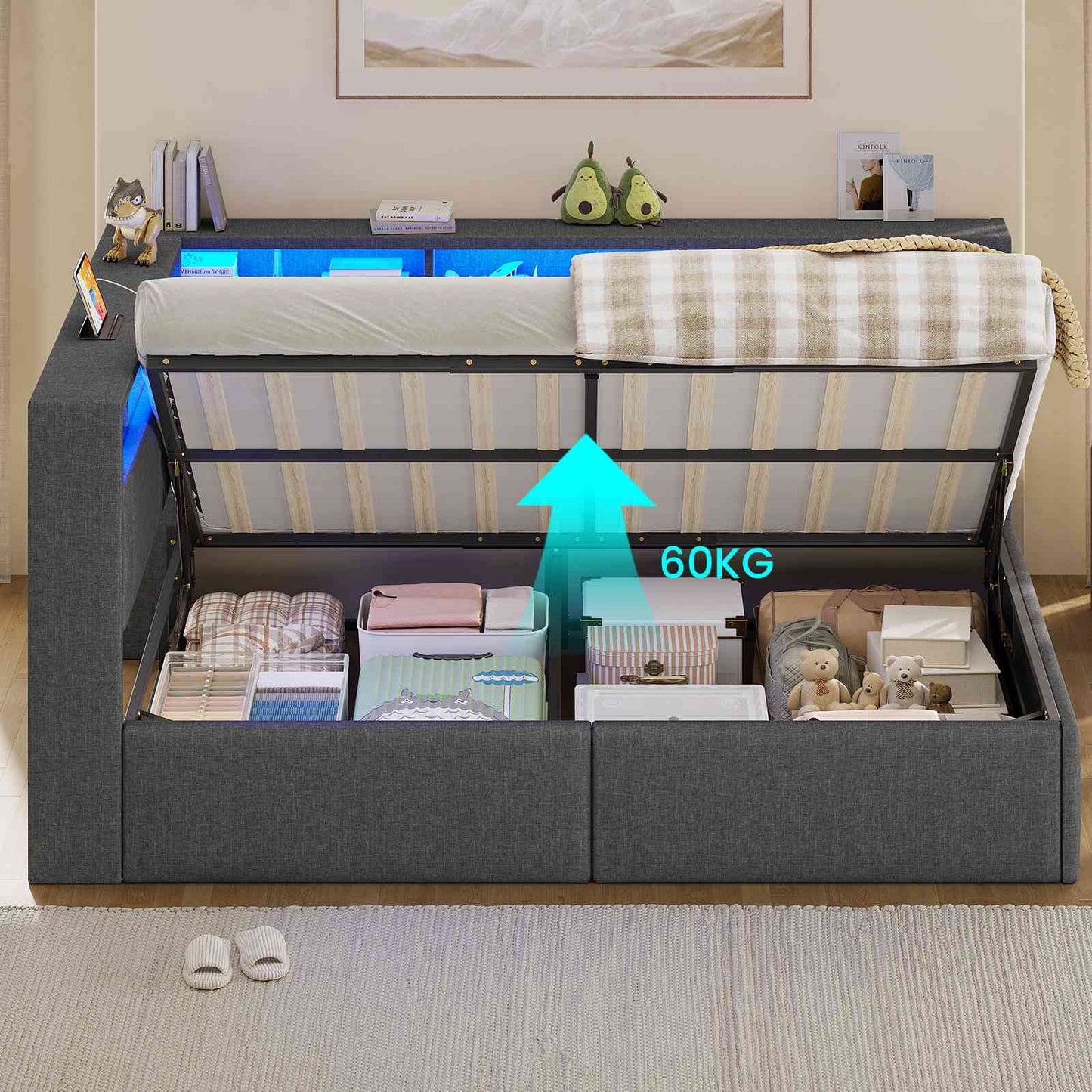 AOGLLATI Polsterbett Schlafsofa 90x200 mit Hydraulis LED-Beleuchtung & USB Kinderbett mit 5 Staufächern & Gepolstertem LED-Kopfteil