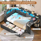 AOGLLATI Polsterbett 90x200 mit LED-Beleuchtung Ladestation & Schreibtisch Tagesbett Jugendbett mit Gepolstertem Kopfteil 2 Schubladen & 6 Staufächern