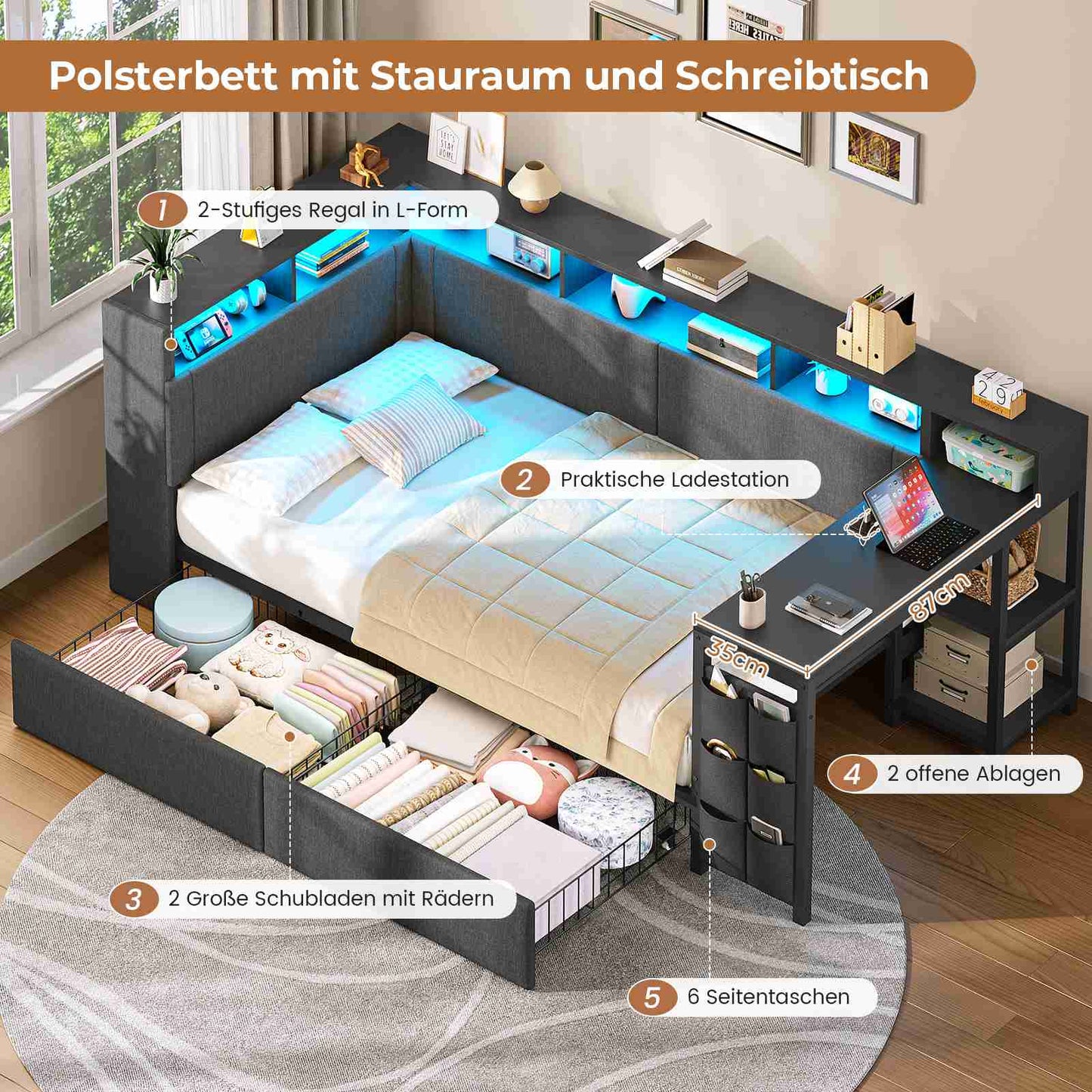 AOGLLATI Polsterbett 90x200 mit LED-Beleuchtung Ladestation & Schreibtisch Tagesbett Jugendbett mit Gepolstertem Kopfteil 2 Schubladen & 6 Staufächern