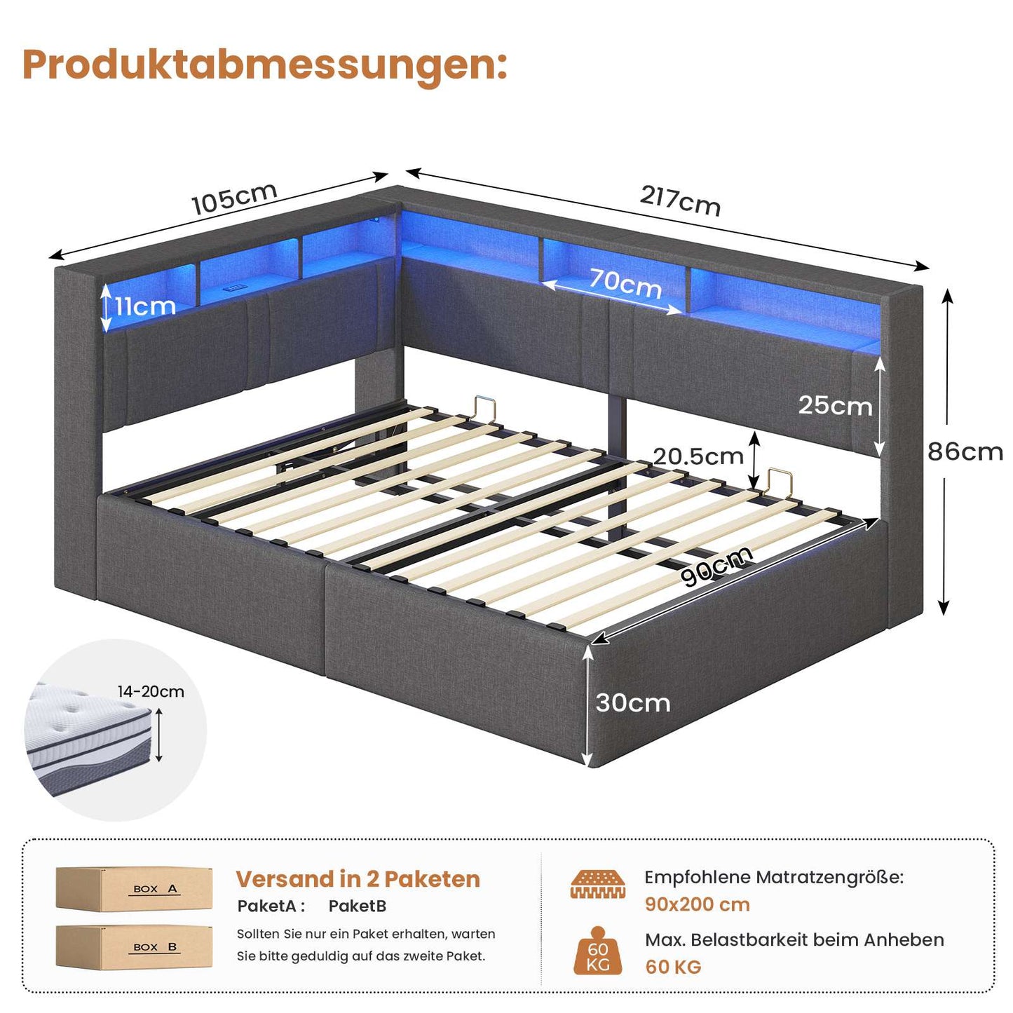 AOGLLATI Polsterbett Schlafsofa 90x200 mit Hydraulis LED-Beleuchtung & USB Kinderbett mit 5 Staufächern & Gepolstertem LED-Kopfteil
