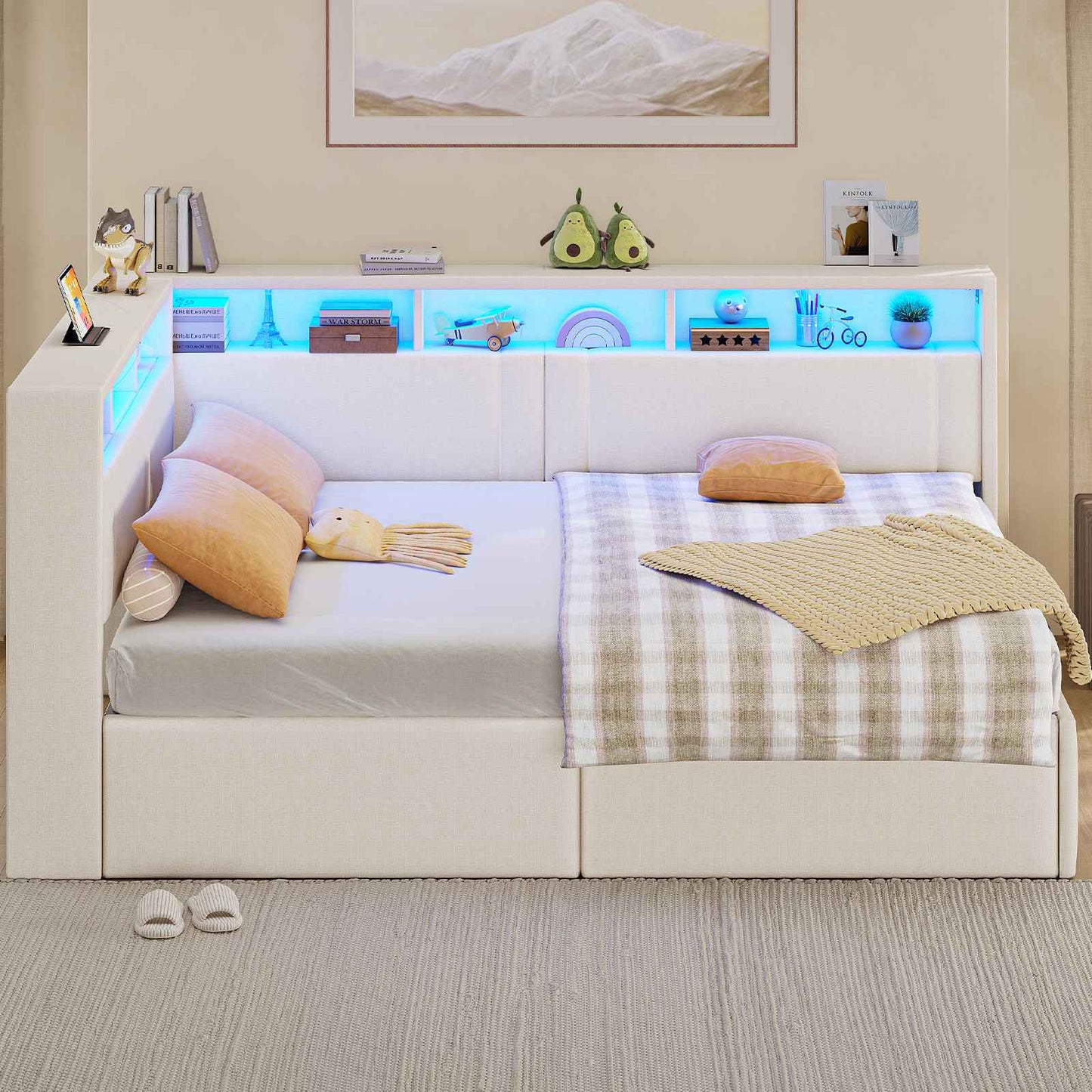 AOGLLATI Polsterbett Schlafsofa 140x200 mit Hydraulis LED-Beleuchtung & USB Doppelbett mit 6 Staufächern & Gepolstertem LED-Kopfteil