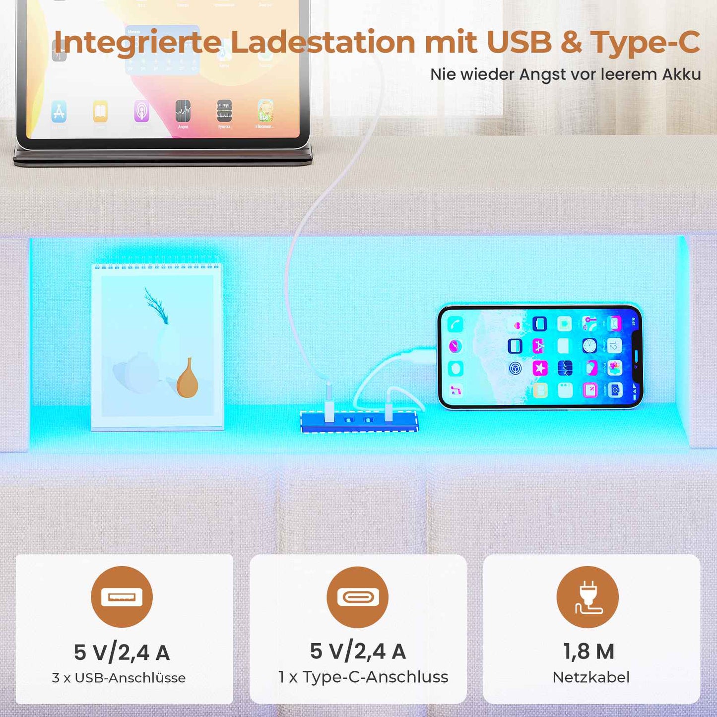 AOGLLATI Polsterbett Schlafsofa 140x200 mit Hydraulis LED-Beleuchtung & USB Doppelbett mit 6 Staufächern & Gepolstertem LED-Kopfteil
