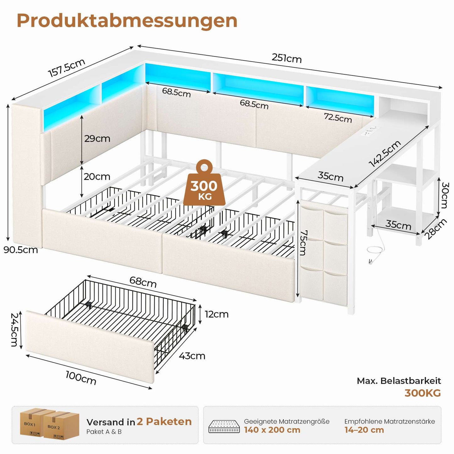 AOGLLATI Polsterbett 140x200 mit LED-Beleuchtung Ladestation Jugendbett mit Gepolstertem Kopfteil 2 Schubladen & 6 Staufächern
