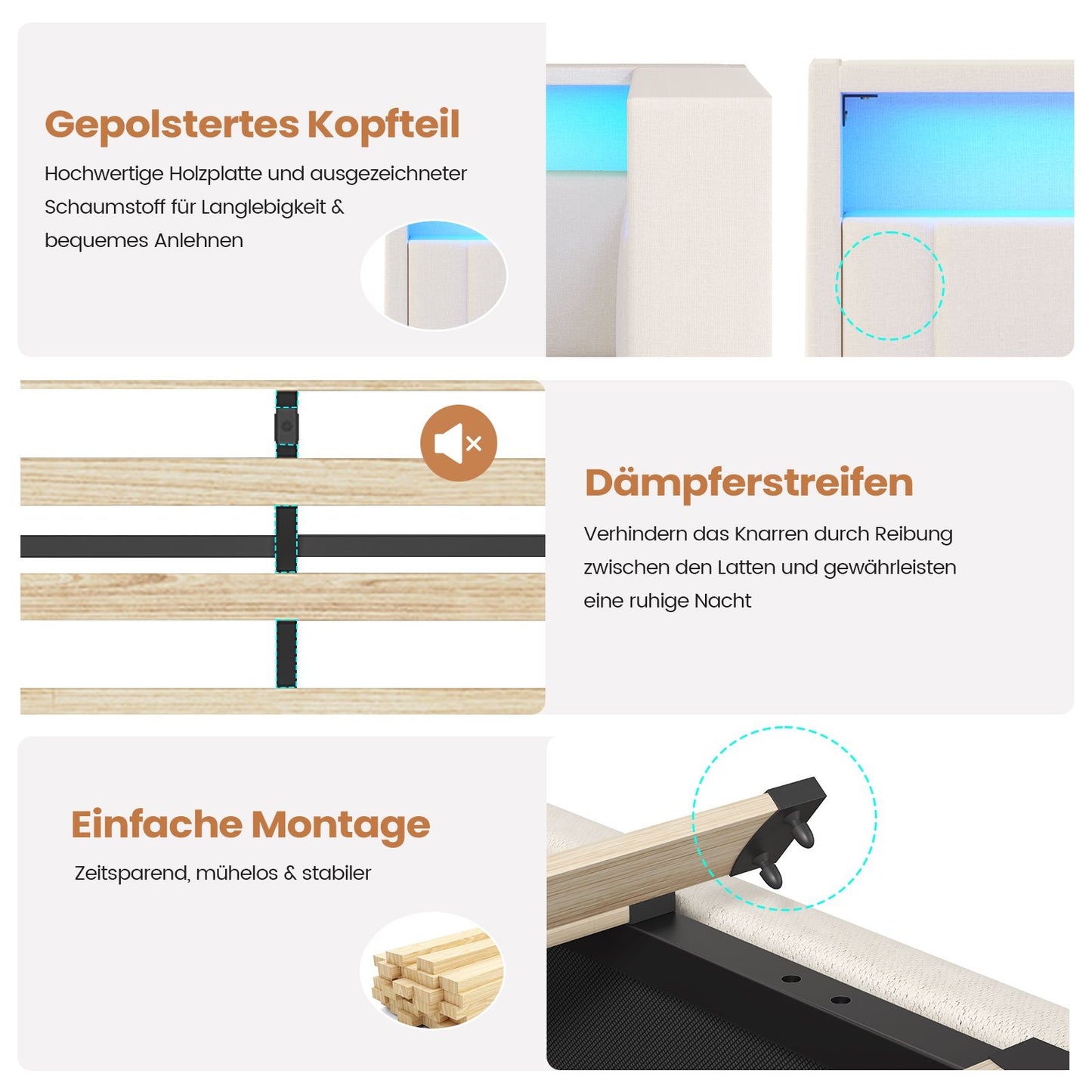AOGLLATI Polsterbett Schlafsofa 140x200 mit Hydraulis LED-Beleuchtung & USB Doppelbett mit 6 Staufächern & Gepolstertem LED-Kopfteil
