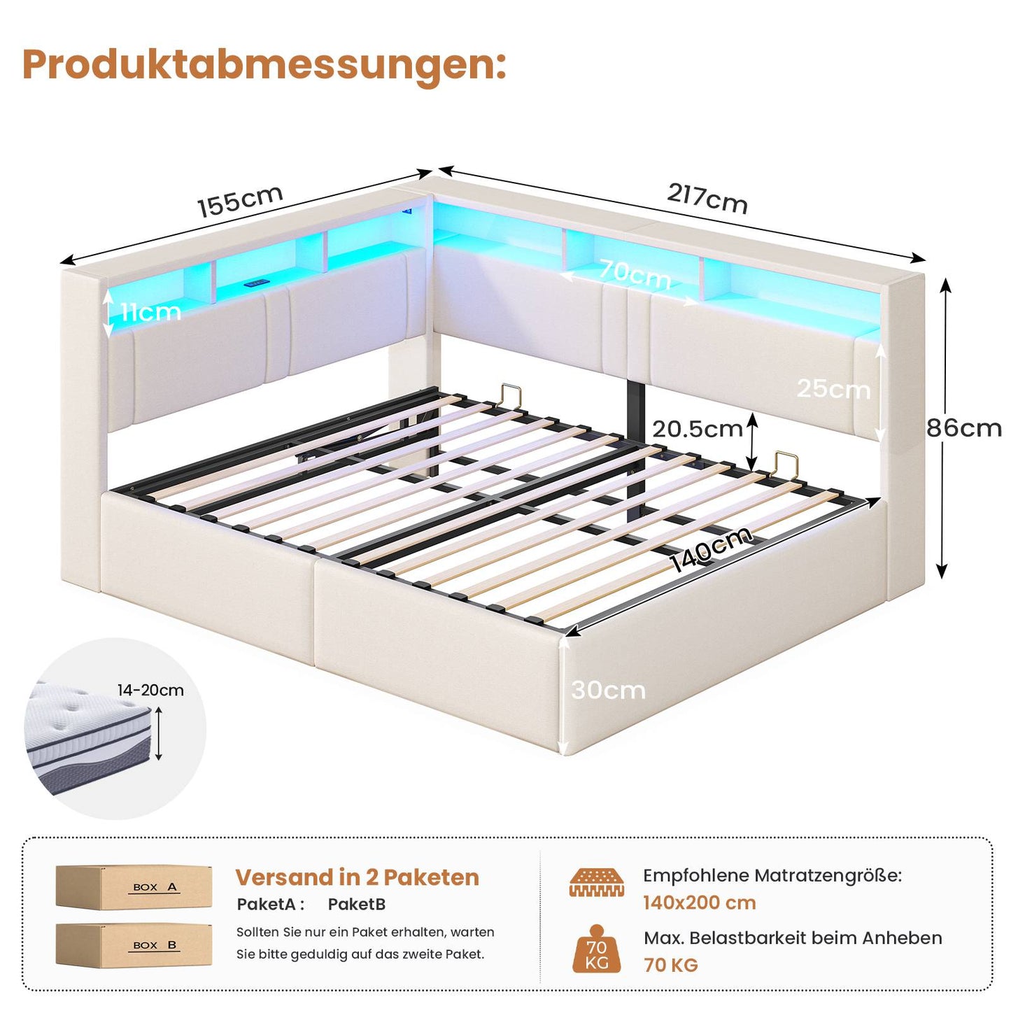 AOGLLATI Polsterbett Schlafsofa 140x200 mit Hydraulis LED-Beleuchtung & USB Doppelbett mit 6 Staufächern & Gepolstertem LED-Kopfteil