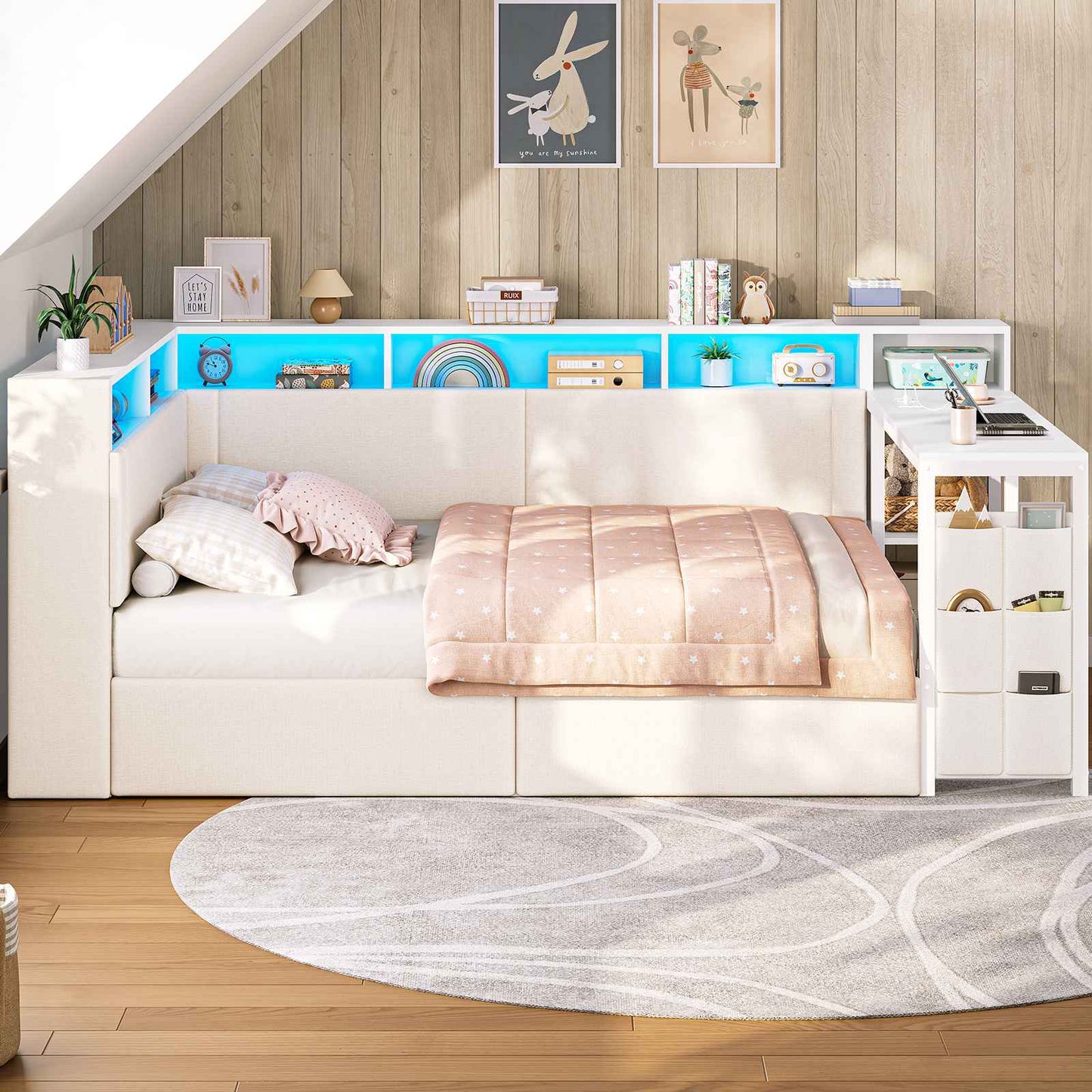 AOGLLATI Polsterbett 140x200 mit LED-Beleuchtung Ladestation Jugendbett mit Gepolstertem Kopfteil 2 Schubladen & 6 Staufächern