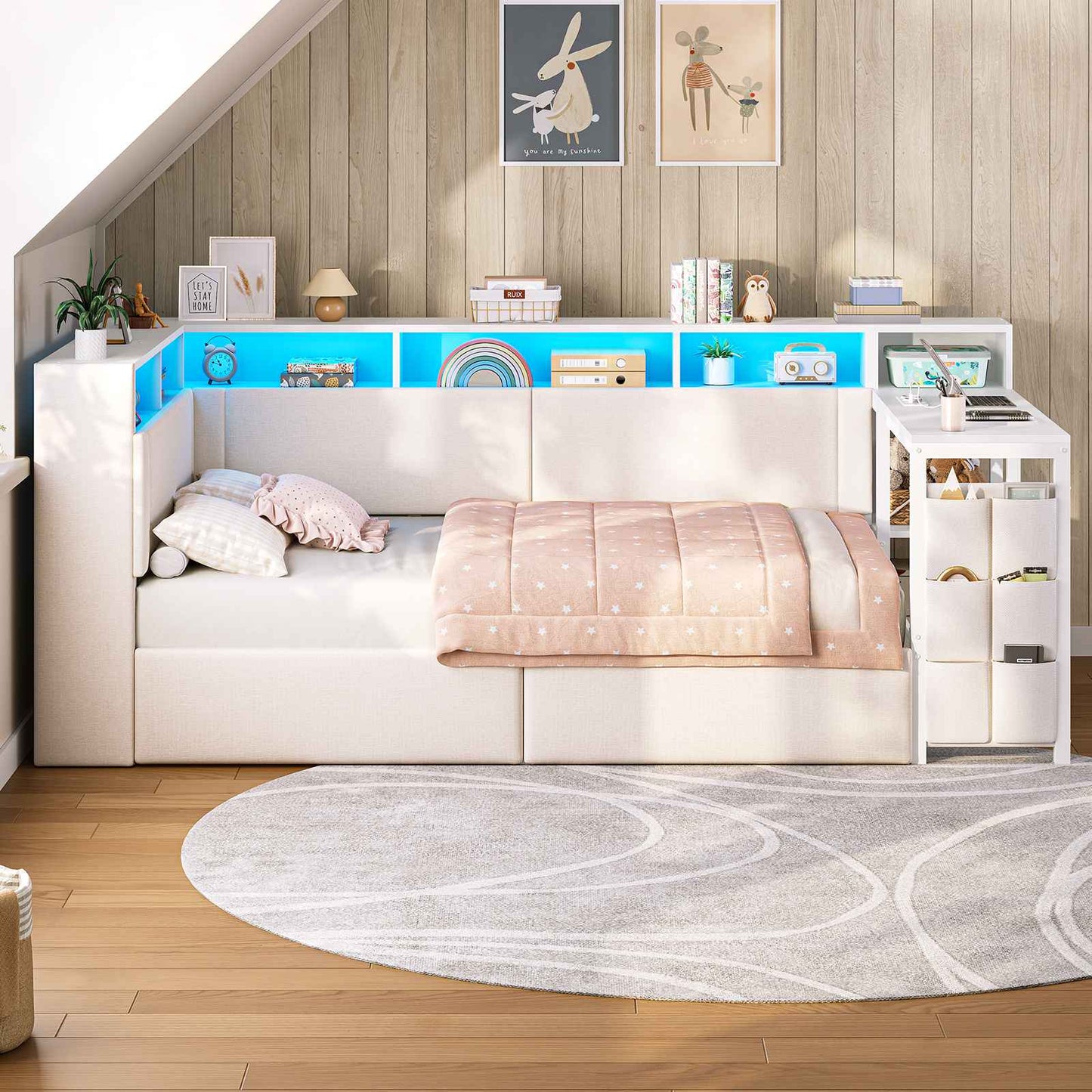 AOGLLATI Polsterbett 90x200 mit LED-Beleuchtung Ladestation & Schreibtisch Tagesbett Jugendbett mit Gepolstertem Kopfteil 2 Schubladen & 6 Staufächern