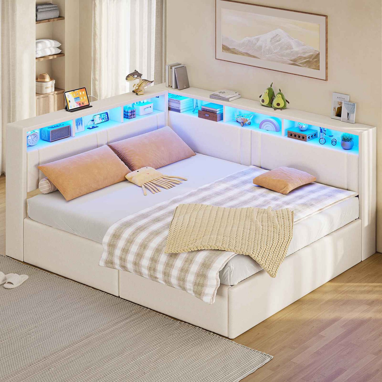 AOGLLATI Polsterbett Schlafsofa 140x200 mit Hydraulis LED-Beleuchtung & USB Doppelbett mit 6 Staufächern & Gepolstertem LED-Kopfteil