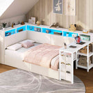 AOGLLATI Polsterbett 90x200 mit LED-Beleuchtung Ladestation & Schreibtisch Tagesbett Jugendbett mit Gepolstertem Kopfteil 2 Schubladen & 6 Staufächern
