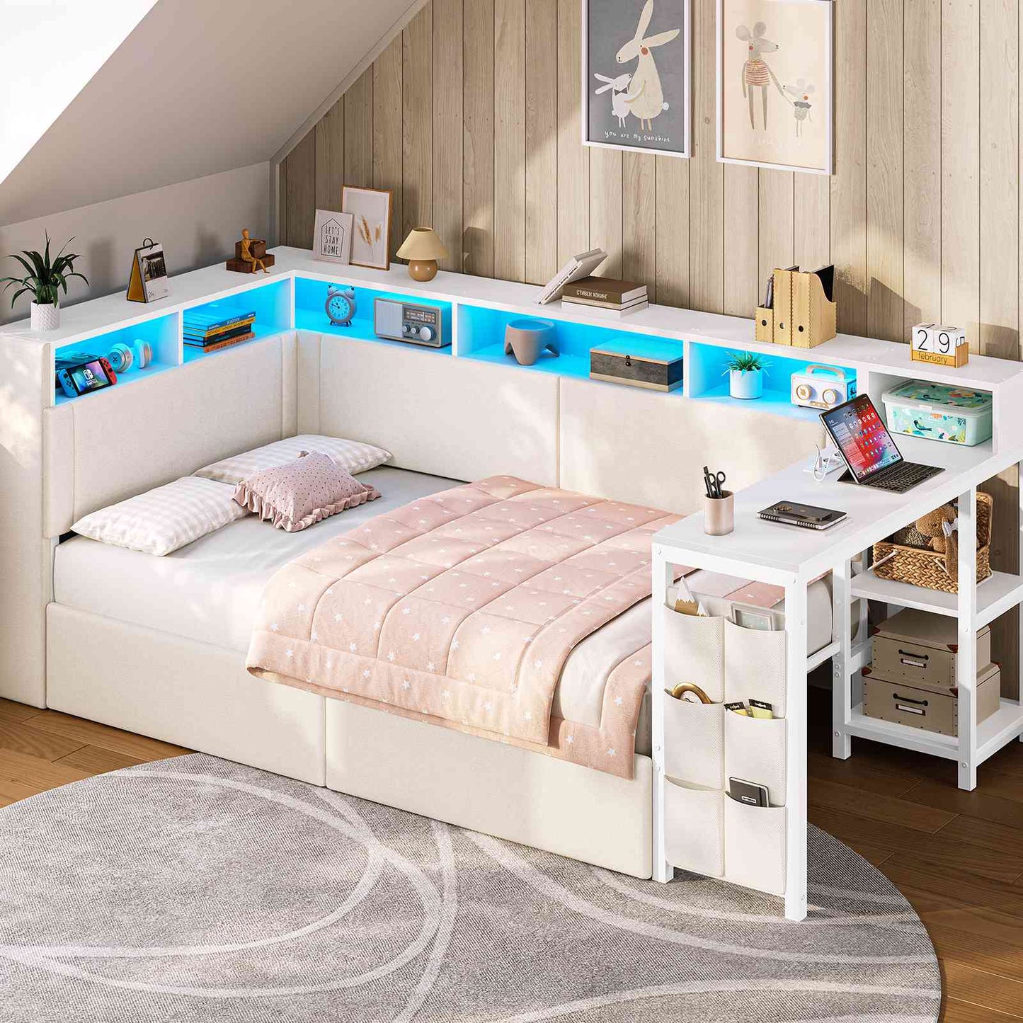 AOGLLATI Polsterbett 90x200 mit LED-Beleuchtung Ladestation & Schreibtisch Tagesbett Jugendbett mit Gepolstertem Kopfteil 2 Schubladen & 6 Staufächern