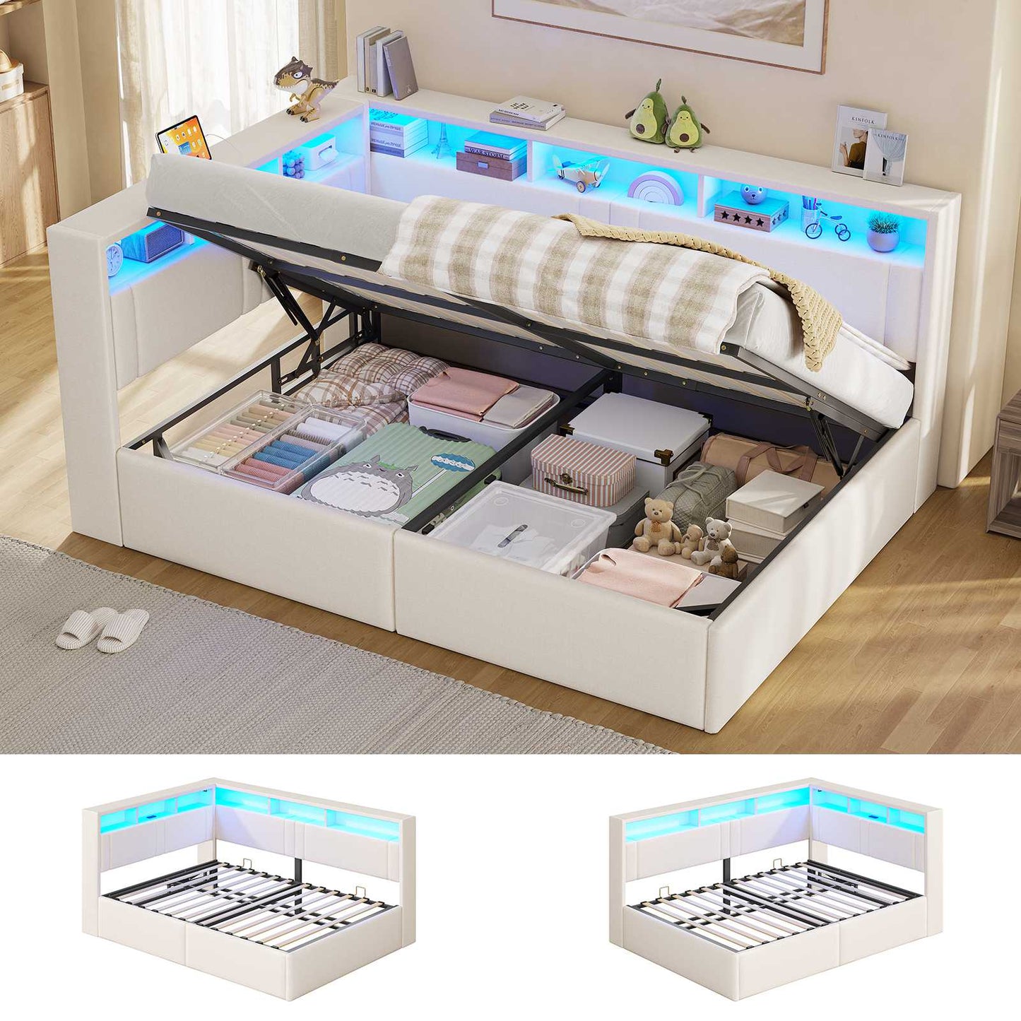 AOGLLATI Polsterbett Schlafsofa 90x200 mit Hydraulis LED-Beleuchtung & USB Kinderbett mit 5 Staufächern & Gepolstertem LED-Kopfteil