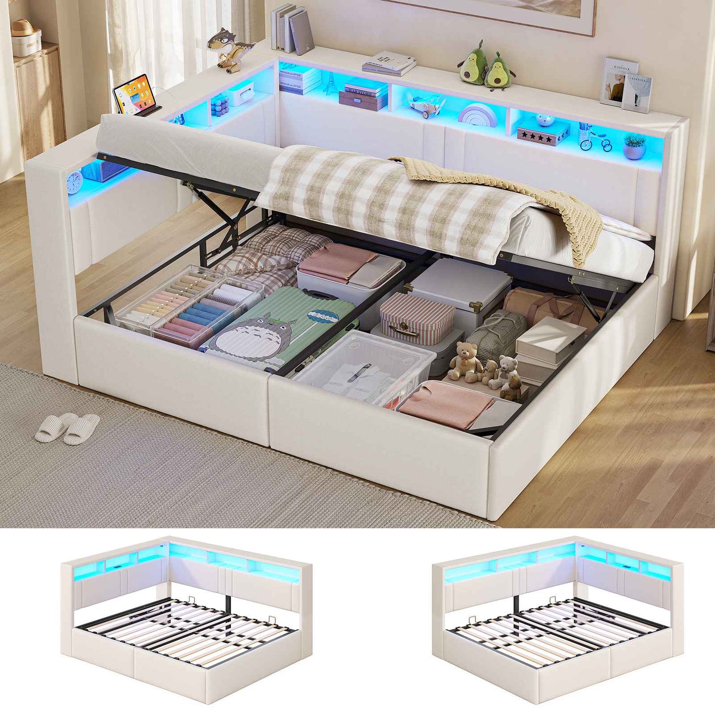 AOGLLATI Polsterbett Schlafsofa 140x200 mit Hydraulis LED-Beleuchtung & USB Doppelbett mit 6 Staufächern & Gepolstertem LED-Kopfteil