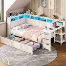 AOGLLATI Polsterbett 90x200 mit LED-Beleuchtung Ladestation & Schreibtisch Tagesbett Jugendbett mit Gepolstertem Kopfteil 2 Schubladen & 6 Staufächern