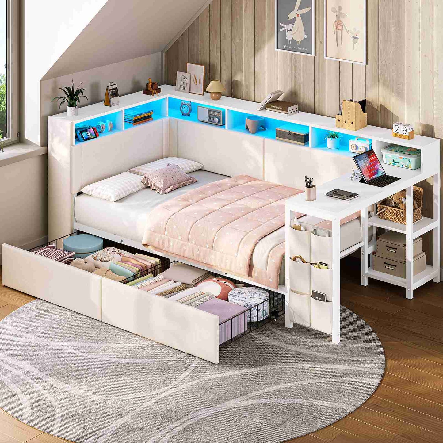 AOGLLATI Polsterbett 90x200 mit LED-Beleuchtung Ladestation & Schreibtisch Tagesbett Jugendbett mit Gepolstertem Kopfteil 2 Schubladen & 6 Staufächern