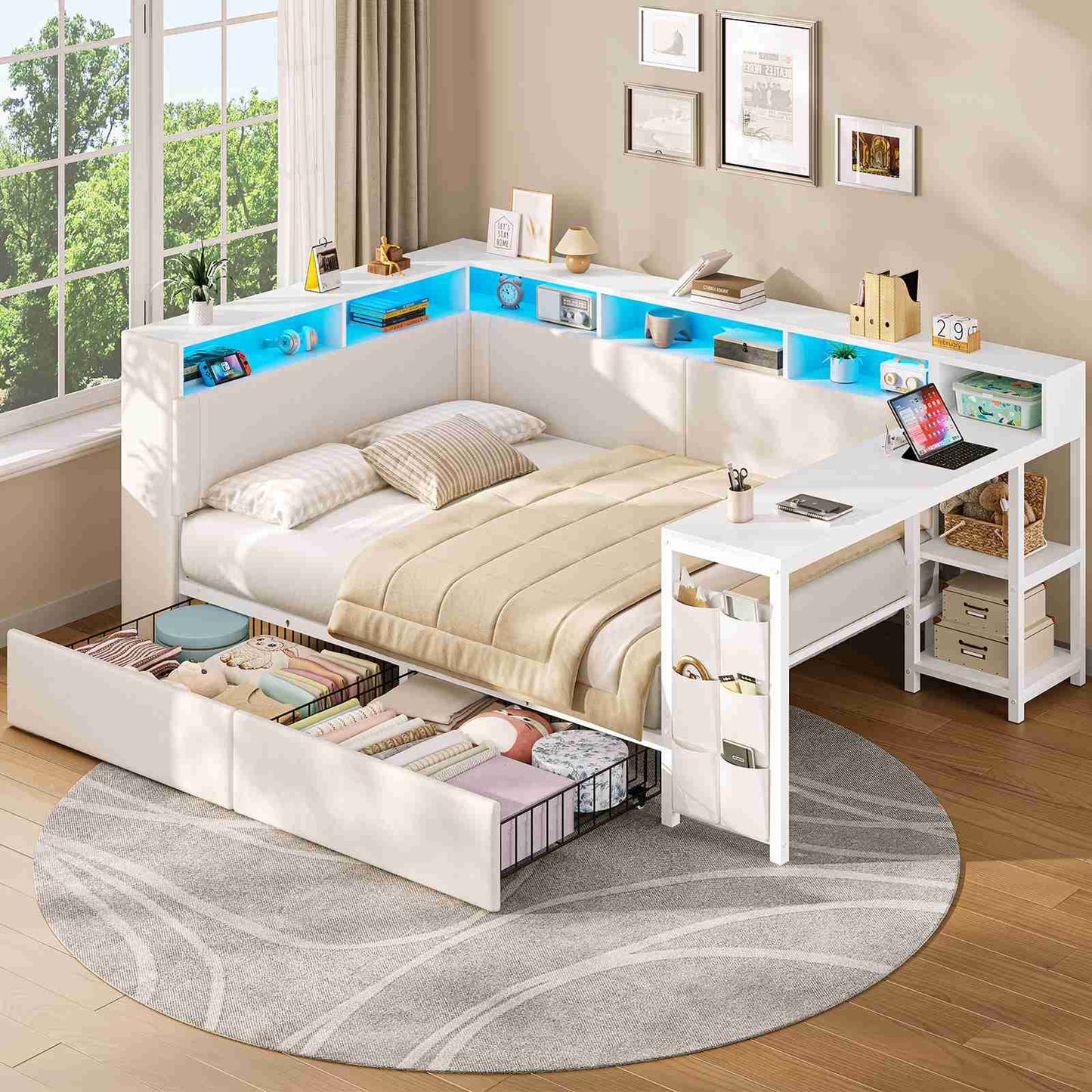 AOGLLATI Polsterbett 140x200 mit LED-Beleuchtung Ladestation Jugendbett mit Gepolstertem Kopfteil 2 Schubladen & 6 Staufächern