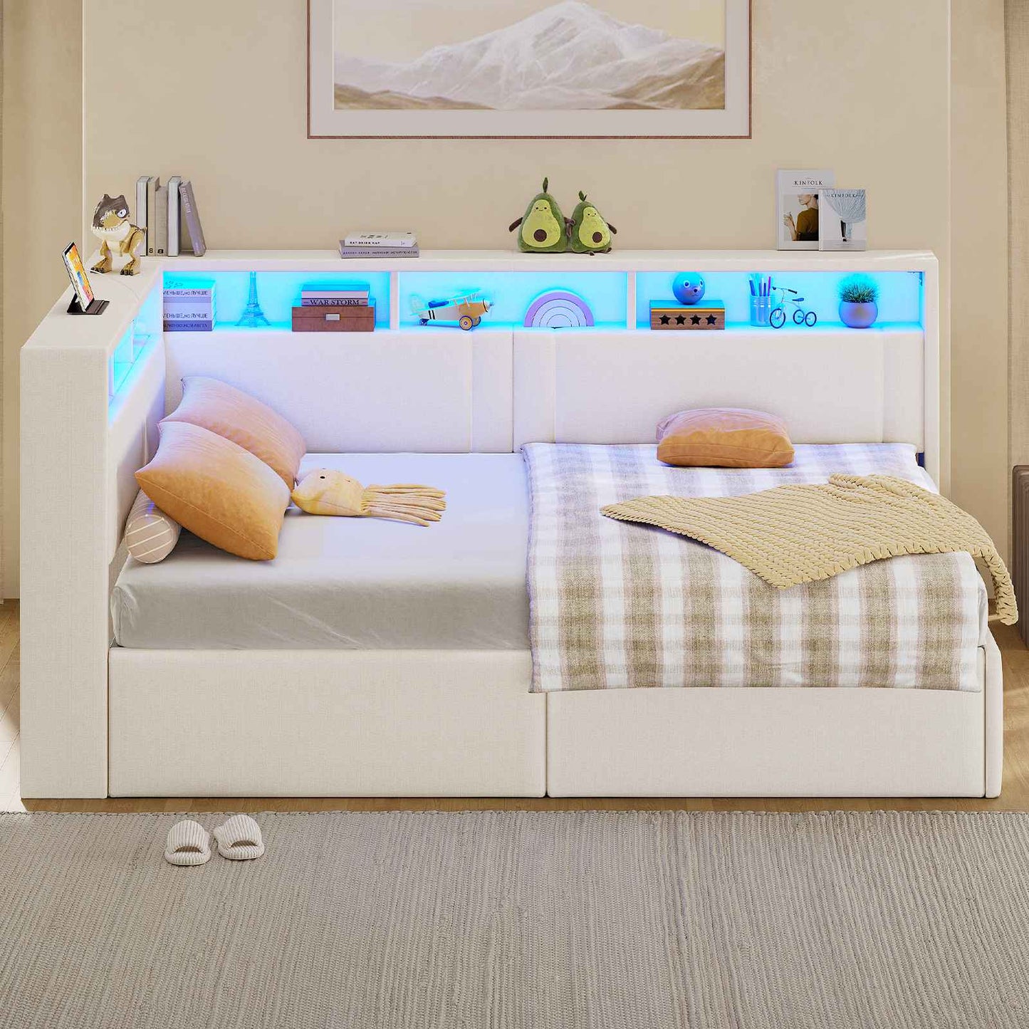 AOGLLATI Polsterbett Schlafsofa 90x200 mit Hydraulis LED-Beleuchtung & USB Kinderbett mit 5 Staufächern & Gepolstertem LED-Kopfteil