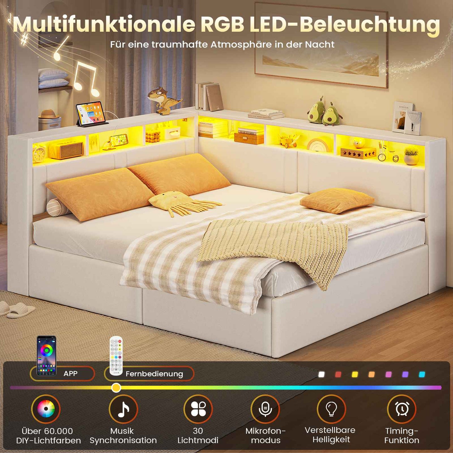 AOGLLATI Polsterbett Schlafsofa 140x200 mit Hydraulis LED-Beleuchtung & USB Doppelbett mit 6 Staufächern & Gepolstertem LED-Kopfteil