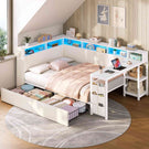 AOGLLATI Polsterbett 140x200 mit LED-Beleuchtung Ladestation Jugendbett mit Gepolstertem Kopfteil 2 Schubladen & 6 Staufächern