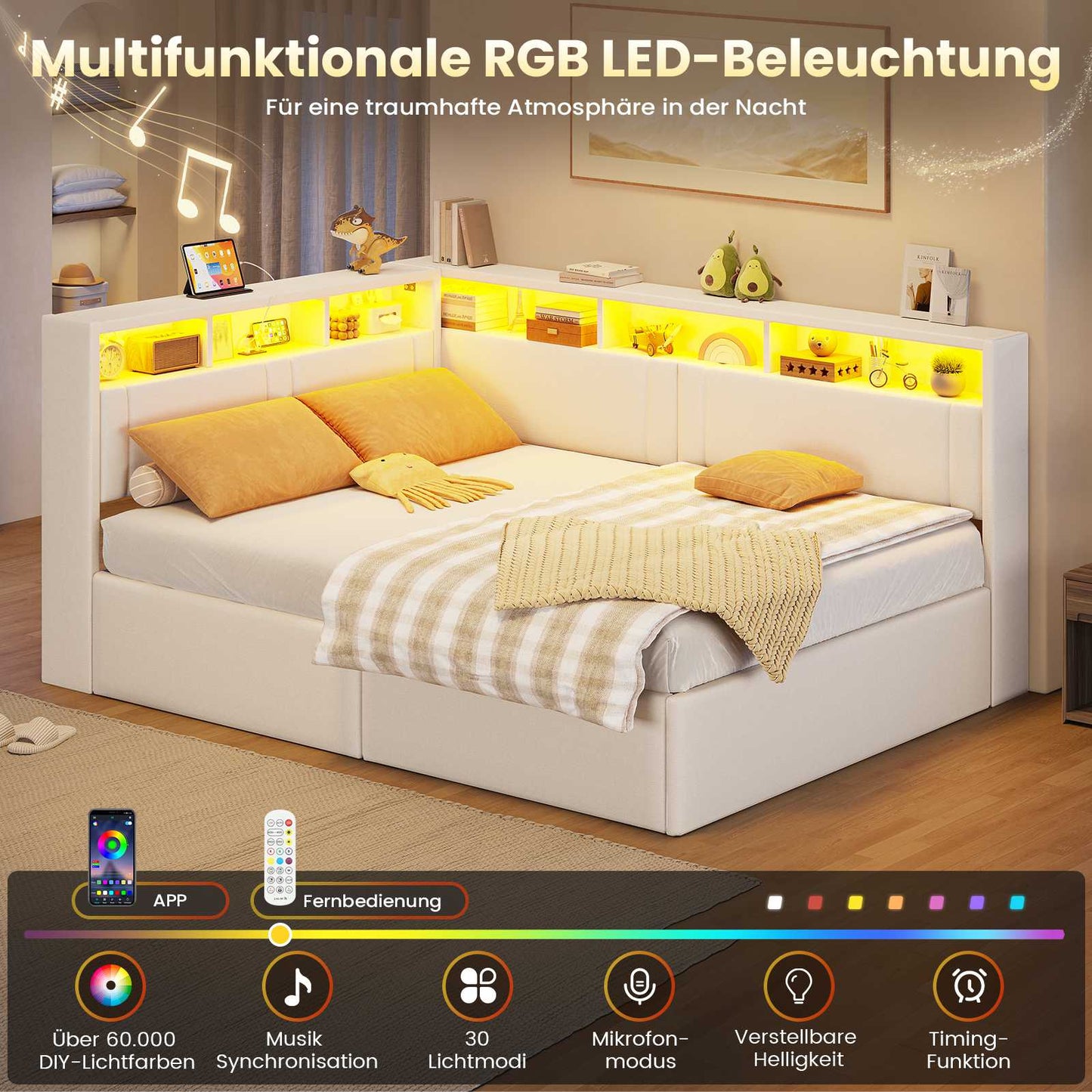 AOGLLATI Polsterbett Schlafsofa 90x200 mit Hydraulis LED-Beleuchtung & USB Kinderbett mit 5 Staufächern & Gepolstertem LED-Kopfteil