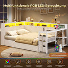 AOGLLATI Polsterbett 140x200 mit LED-Beleuchtung Ladestation Jugendbett mit Gepolstertem Kopfteil 2 Schubladen & 6 Staufächern