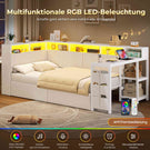 AOGLLATI Polsterbett 90x200 mit LED-Beleuchtung Ladestation & Schreibtisch Tagesbett Jugendbett mit Gepolstertem Kopfteil 2 Schubladen & 6 Staufächern
