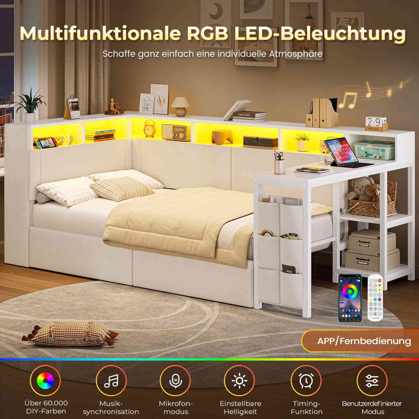 AOGLLATI Polsterbett 90x200 mit LED-Beleuchtung Ladestation & Schreibtisch Tagesbett Jugendbett mit Gepolstertem Kopfteil 2 Schubladen & 6 Staufächern