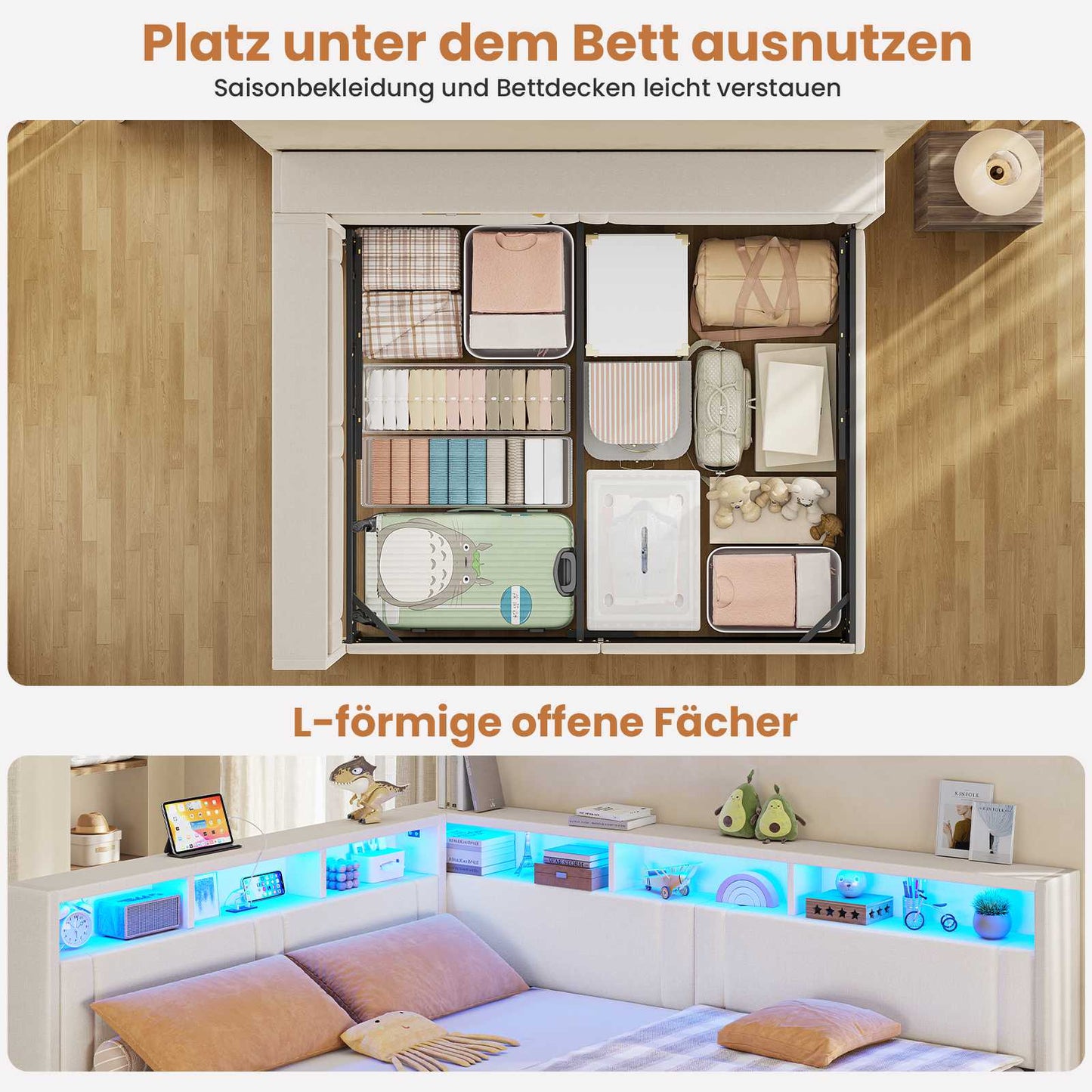 AOGLLATI Polsterbett Schlafsofa 140x200 mit Hydraulis LED-Beleuchtung & USB Doppelbett mit 6 Staufächern & Gepolstertem LED-Kopfteil
