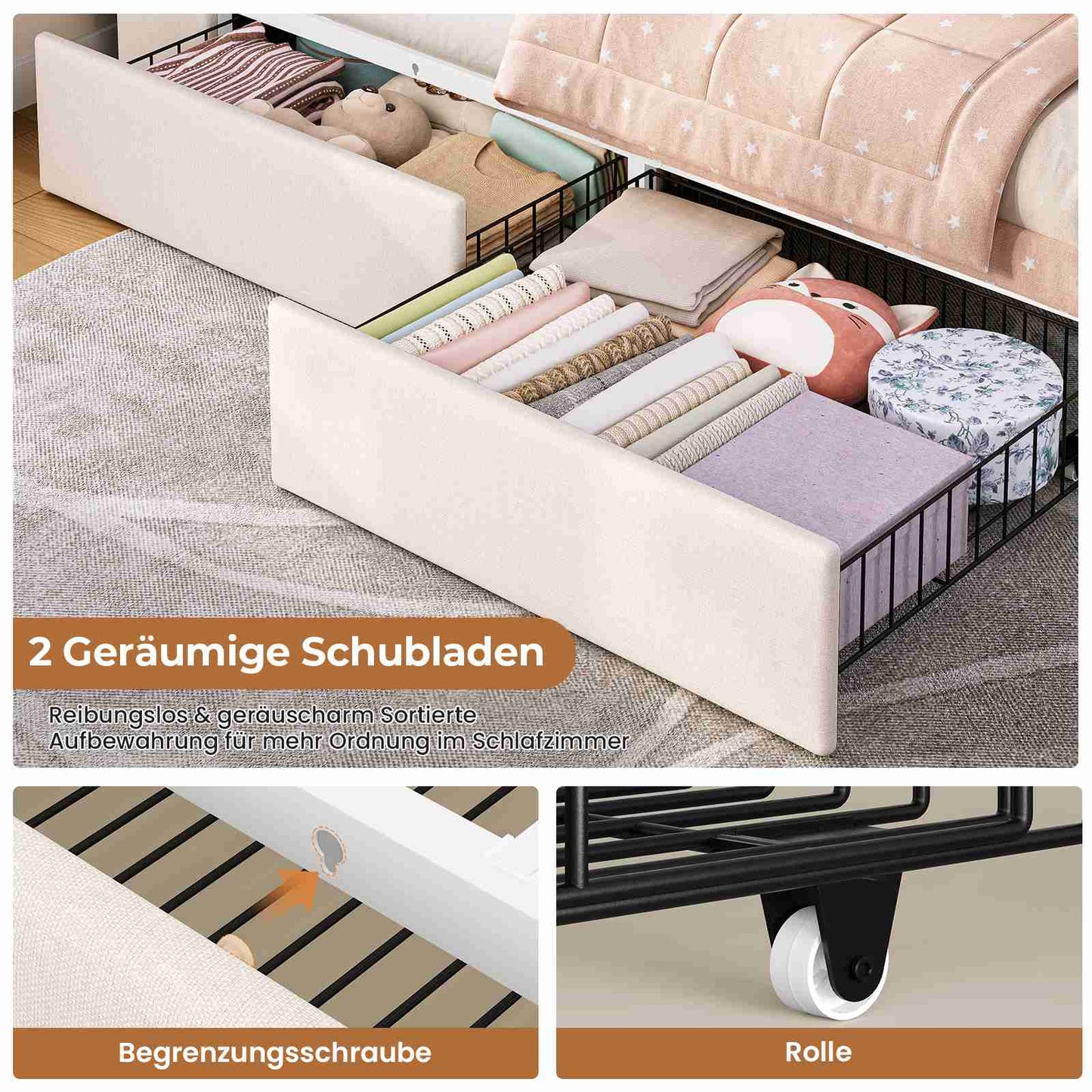 AOGLLATI Polsterbett 140x200 mit LED-Beleuchtung Ladestation Jugendbett mit Gepolstertem Kopfteil 2 Schubladen & 6 Staufächern