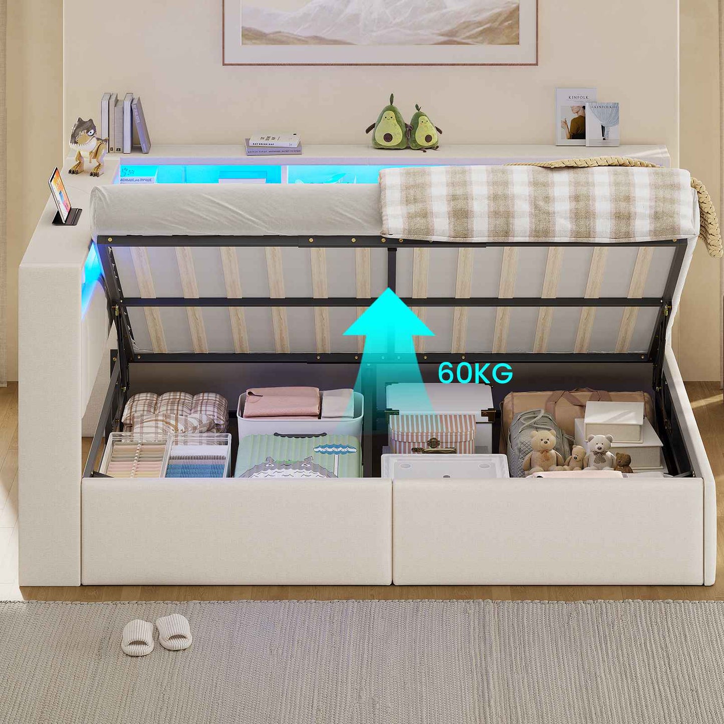 AOGLLATI Polsterbett Schlafsofa 90x200 mit Hydraulis LED-Beleuchtung & USB Kinderbett mit 5 Staufächern & Gepolstertem LED-Kopfteil