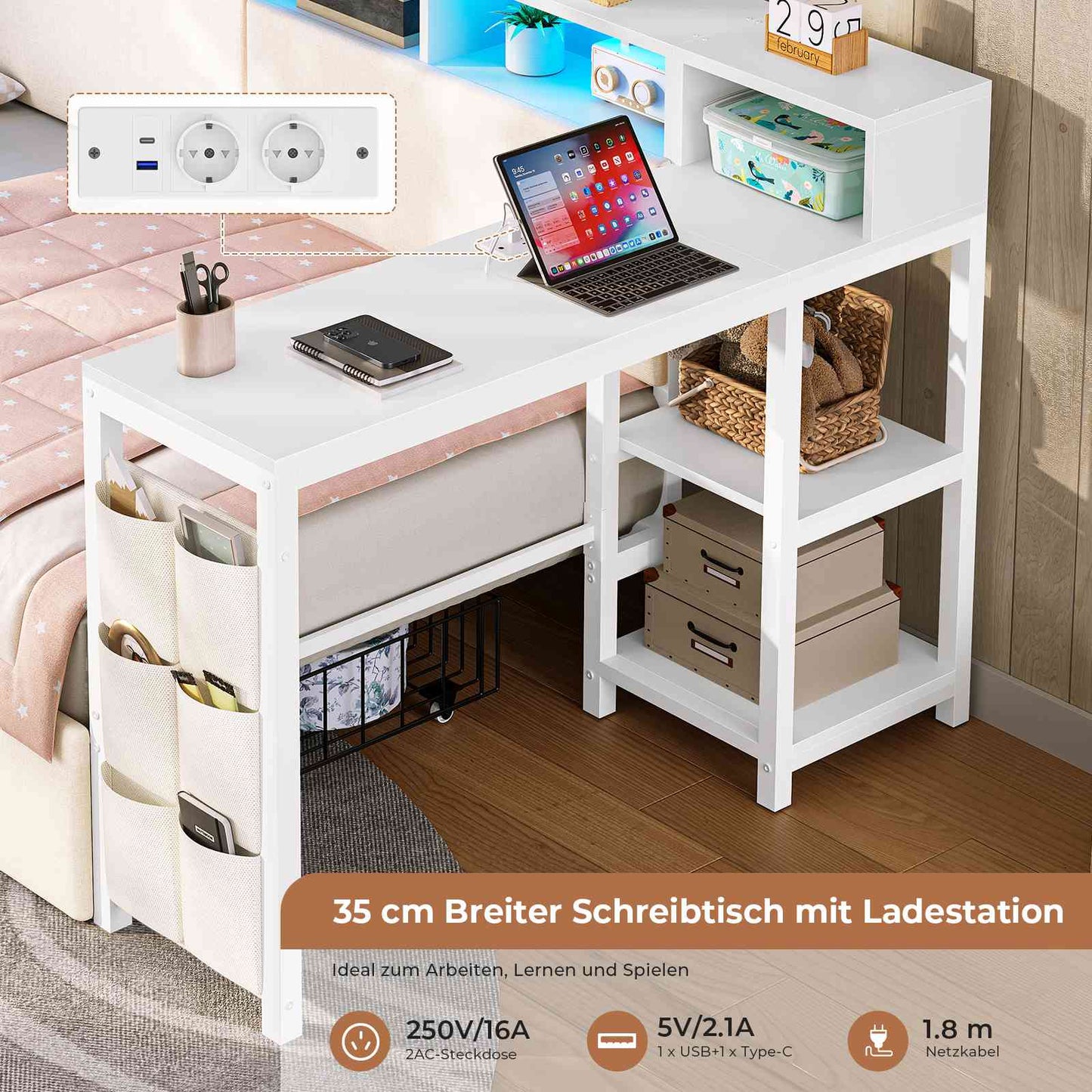 AOGLLATI Polsterbett 90x200 mit LED-Beleuchtung Ladestation & Schreibtisch Tagesbett Jugendbett mit Gepolstertem Kopfteil 2 Schubladen & 6 Staufächern