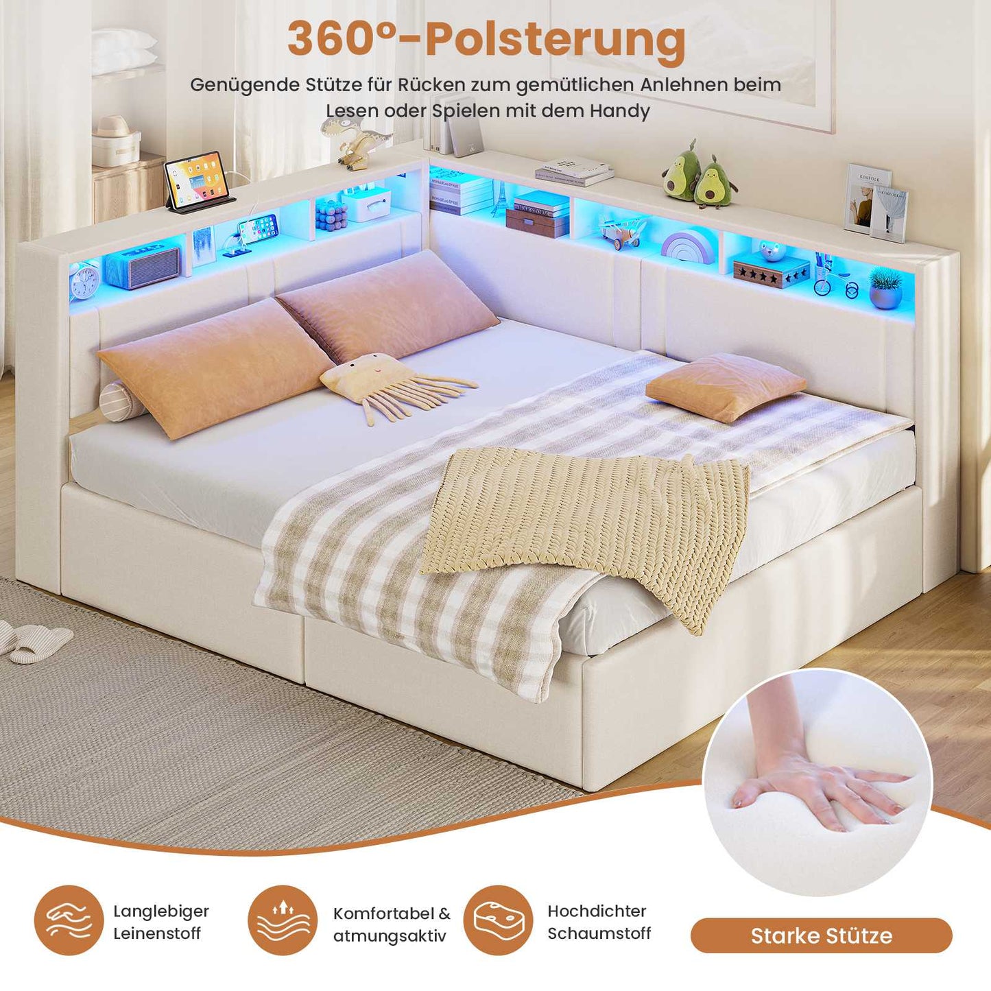 AOGLLATI Polsterbett Schlafsofa 140x200 mit Hydraulis LED-Beleuchtung & USB Doppelbett mit 6 Staufächern & Gepolstertem LED-Kopfteil