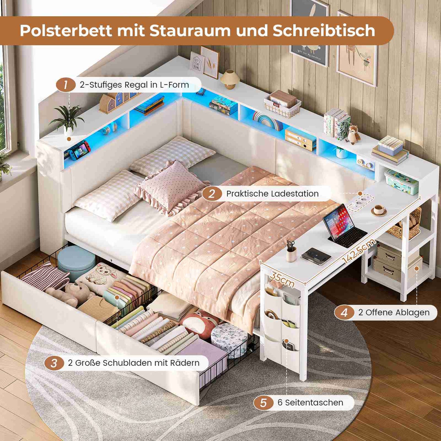 AOGLLATI Polsterbett 140x200 mit LED-Beleuchtung Ladestation Jugendbett mit Gepolstertem Kopfteil 2 Schubladen & 6 Staufächern