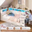 AOGLLATI Polsterbett 90x200 mit LED-Beleuchtung Ladestation & Schreibtisch Tagesbett Jugendbett mit Gepolstertem Kopfteil 2 Schubladen & 6 Staufächern
