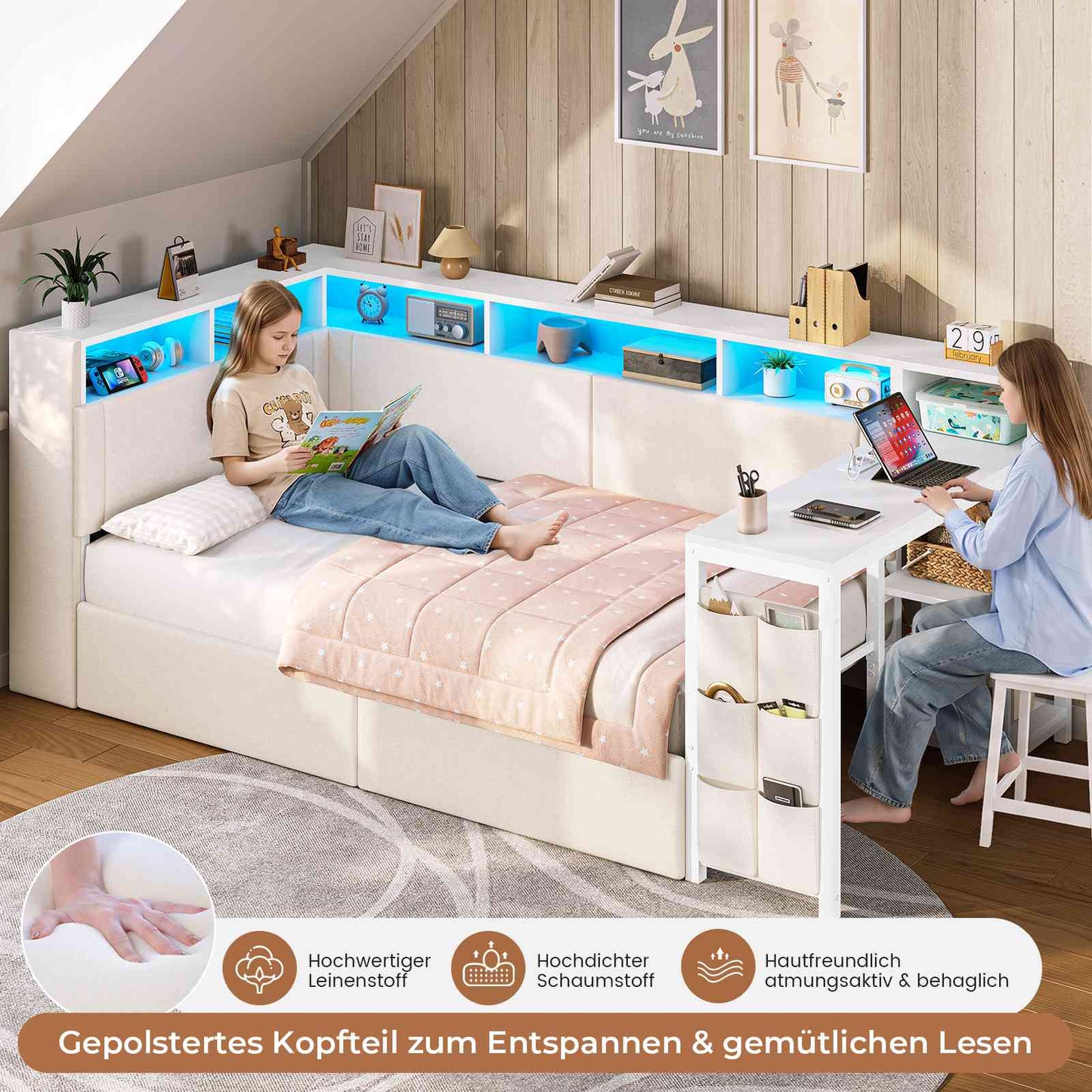 AOGLLATI Polsterbett 90x200 mit LED-Beleuchtung Ladestation & Schreibtisch Tagesbett Jugendbett mit Gepolstertem Kopfteil 2 Schubladen & 6 Staufächern