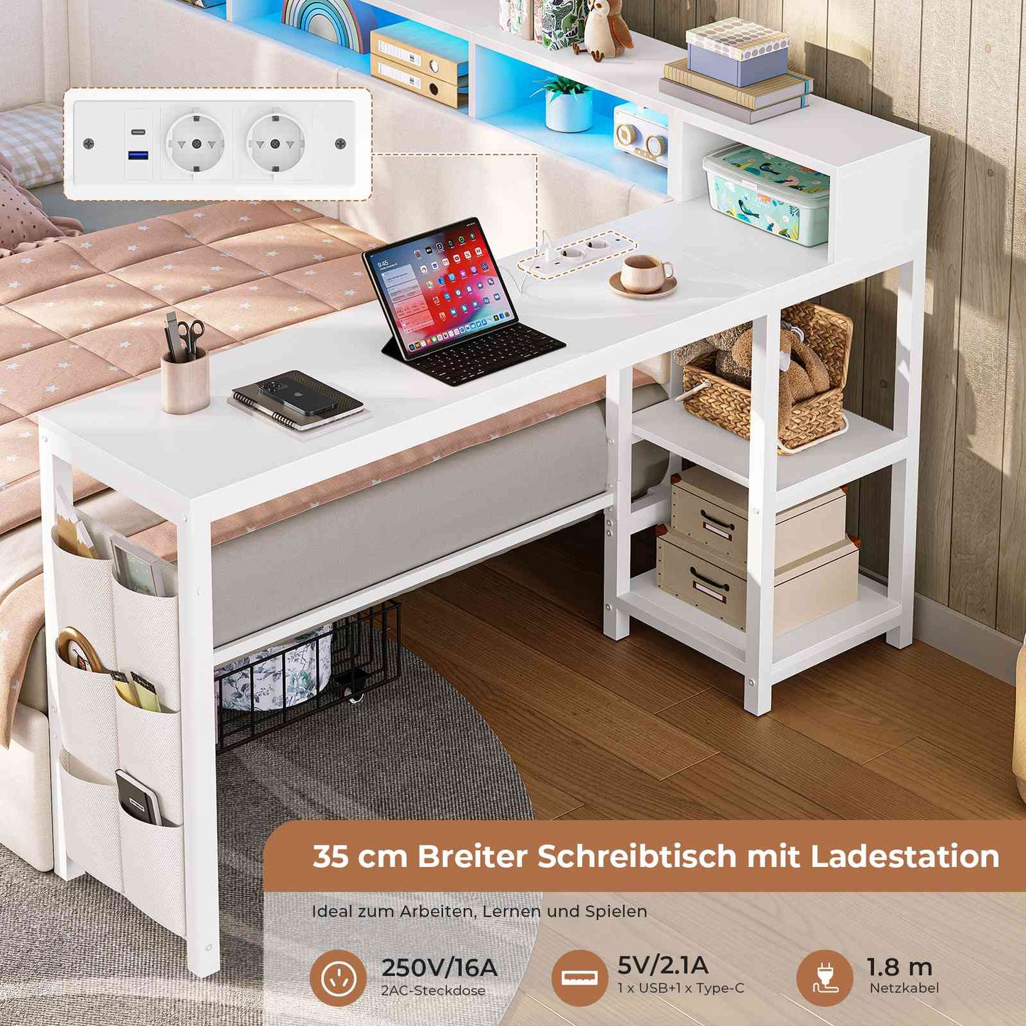 AOGLLATI Polsterbett 140x200 mit LED-Beleuchtung Ladestation Jugendbett mit Gepolstertem Kopfteil 2 Schubladen & 6 Staufächern