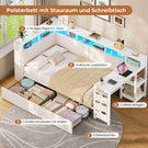 AOGLLATI Polsterbett 90x200 mit LED-Beleuchtung Ladestation & Schreibtisch Tagesbett Jugendbett mit Gepolstertem Kopfteil 2 Schubladen & 6 Staufächern